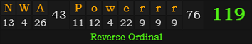 "NWA Powerrr" = 119 (Reverse Ordinal)