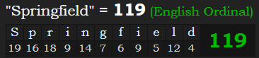 "Springfield" = 119 (English Ordinal)