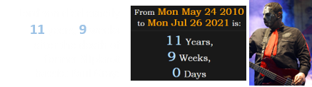 Jordison died exactly 11 years, 9 weeks after the death of former Slipknot bassist Paul Gray: