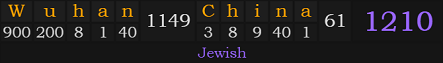 "Wuhan, China" = 1210 (Jewish)