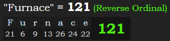 "Furnace" = 121 (Reverse Ordinal)