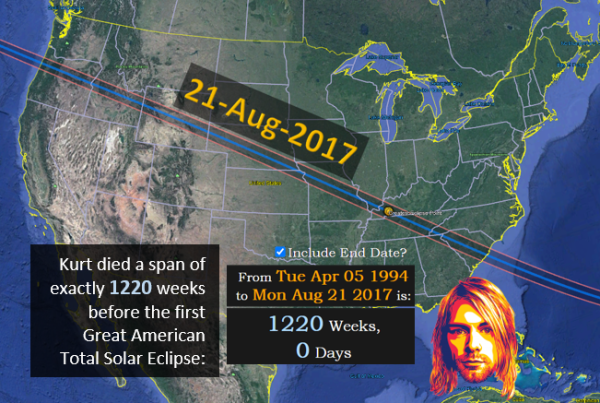 Kurt died a span of exactly 1220 weeks before the first Great American Total Solar Eclipse: