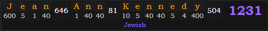 "Jean Ann Kennedy" = 1231 (Jewish)
