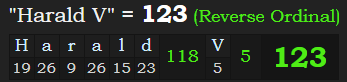 "Harald V" = 123 (Reverse Ordinal)
