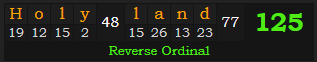 "Holy land" = 125 (Reverse Ordinal)