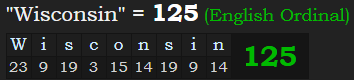 "Wisconsin" = 125 (English Ordinal)