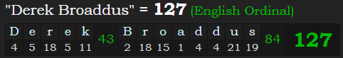 "Derek Broaddus" = 127 (English Ordinal)