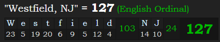 "Westfield, NJ" = 127 (English Ordinal)