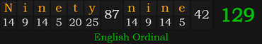 "Ninety-nine" = 129 (English Ordinal)