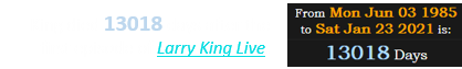 King died 13018 days after the first episode of Larry King Live: