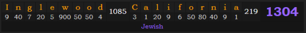"Inglewood, California" = 1304 (Jewish)