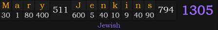 "Mary Jenkins" = 1305 (Jewish)