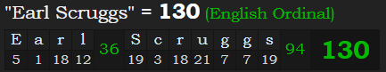 "Earl Scruggs" = 130 (English Ordinal)