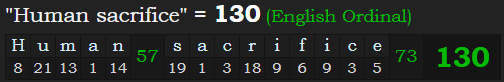 "Human sacrifice" = 130 (English Ordinal)