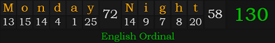 "Monday Night" = 130 (English Ordinal)