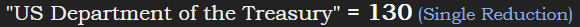 "US Department of the Treasury" = 130 (Single Reduction)