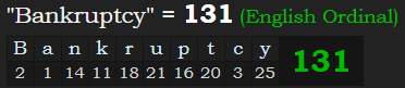 "Bankruptcy" = 131 (English Ordinal)