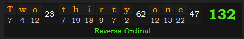 "Two thirty-one" = 132 (Reverse Ordinal)