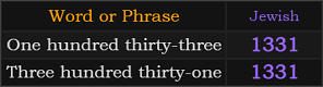 One hundred thirty-three and Three hundred thirty-one both = 1331 Jewish