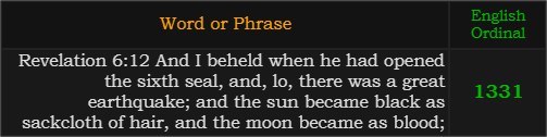 "Revelation 6:12 And I beheld when he had opened the sixth seal, and, lo, there was a great earthquake; and the sun became black as sackcloth of hair, and the moon became as blood;" = 1331 (English Ordinal)