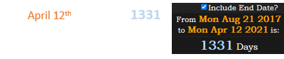 April 12th is a span of 1331 days after the first Great American Total Solar Eclipse: