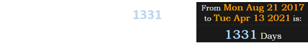 His last day alive was 1331 days after the first Great American Eclipse: