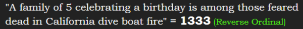 "A family of 5 celebrating a birthday is among those feared dead in California dive boat fire" = 1333 (Reverse Ordinal)