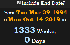 1333 Weeks, 0 Days