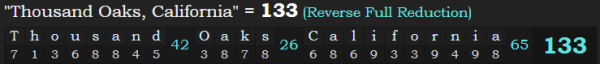 "Thousand Oaks, California" = 133 (Reverse Full Reduction)