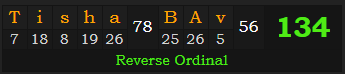 "Tisha B'Av" = 134 (Reverse Ordinal)