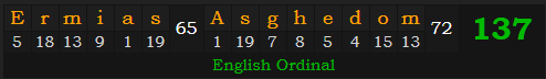 "Ermias Asghedom" = 137 (English Ordinal)