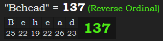 "Behead" = 137 (Reverse Ordinal)