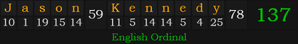 "Jason Kennedy" = 137 (English Ordinal)