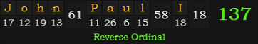 "John Paul I" = 137 (Reverse Ordinal)