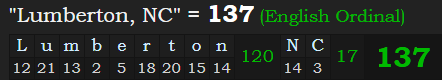 "Lumberton, NC" = 137 (English Ordinal)