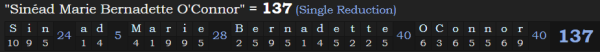 "Sinéad Marie Bernadette O'Connor" = 137 (Single Reduction)