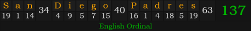 "San Diego Padres" = 137 (English Ordinal)