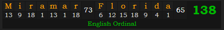 "Miramar, Florida" = 138 (English Ordinal)