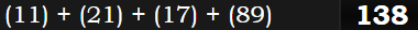 (11) + (21) + (17) + (89) = 138