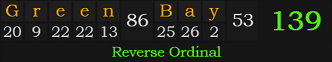 "Green Bay" = 139 (Reverse Ordinal)