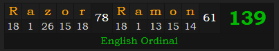 "Razor Ramon" = 139 (English Ordinal)