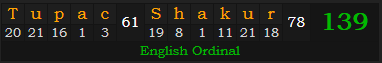 "Tupac Shakur" = 139 (English Ordinal)