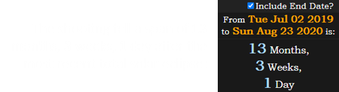 The shooting fell a span of 13 months, 3 weeks, 1 day after the most recent total solar eclipse: