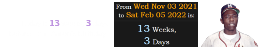 Today is 13 weeks, 3 days before Hank Aaron’s birthday: