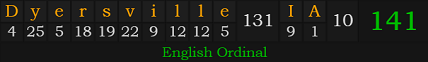 "Dyersville, IA" = 141 (English Ordinal)