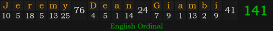 "Jeremy Dean Giambi" = 141 (English Ordinal)