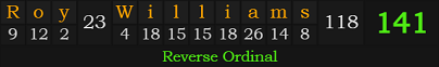 "Roy Williams" = 141 (Reverse Ordinal)