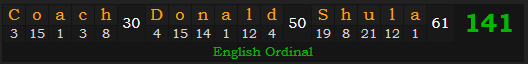 "Coach Donald Shula" = 141 (English Ordinal)