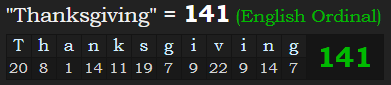 "Thanksgiving" = 141 (English Ordinal)