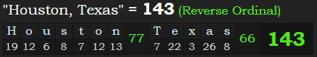 "Houston, Texas" = 143 (Reverse Ordinal)